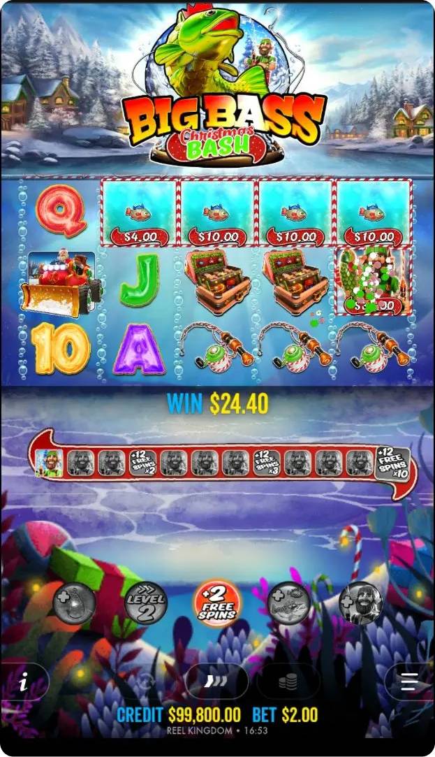 Free spins round showing multiple fish symbols with various multiplier values and a Fisherman Wild symbol collecting all visible fish values on the reels