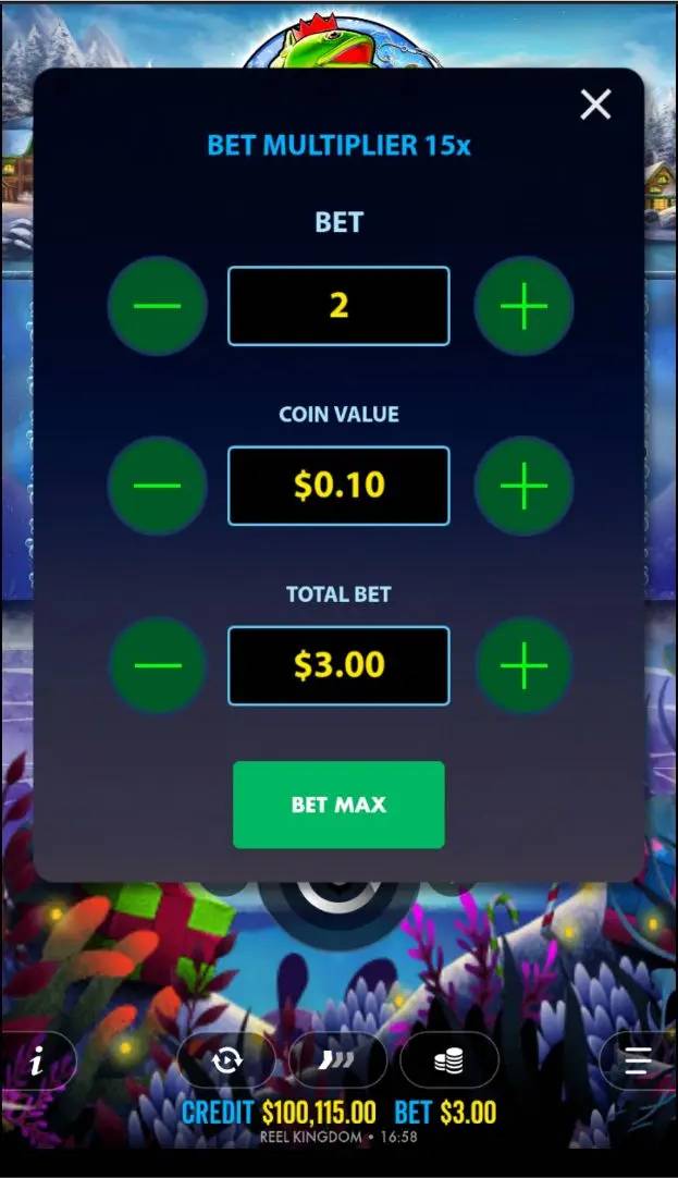 Menu for setting the bet (aka spin cost)